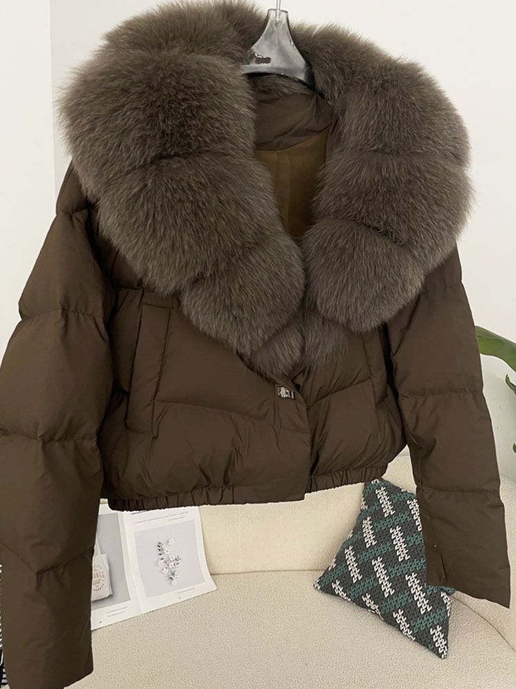 Piumino corto da donna con collo oversize in pelliccia di volpe - Cappotto invernale alla moda con piumino d'anatra bianca, pelliccia staccabile, vestibilità ampia, vari colori_voghion.com
