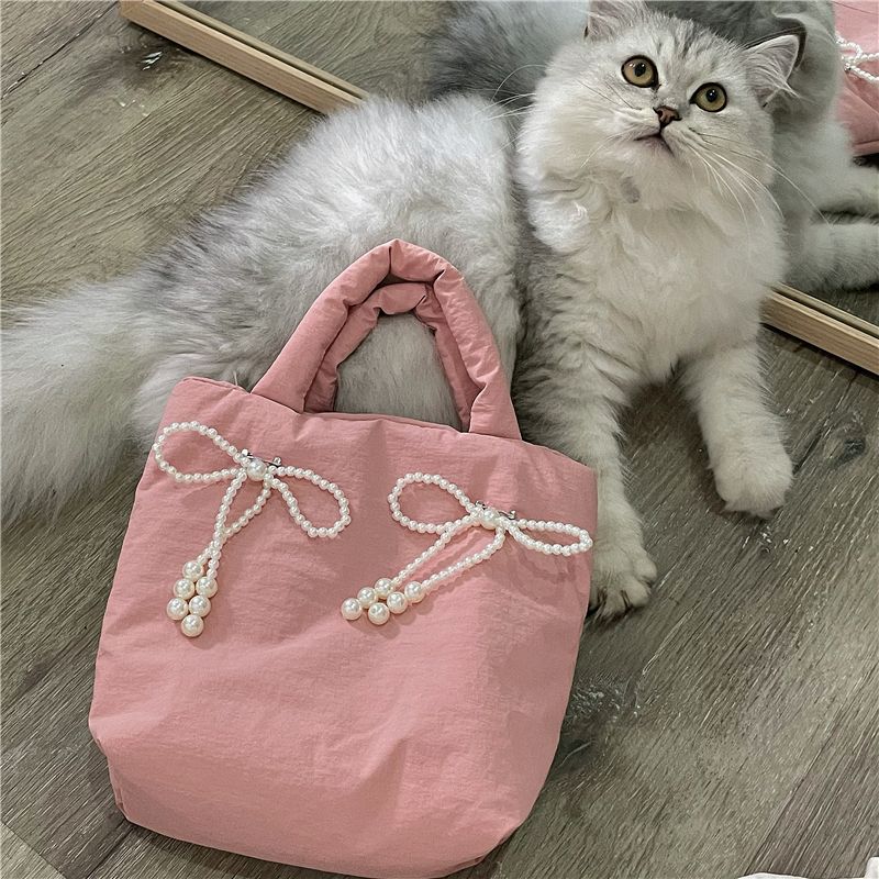 Nischendesign Feeling Bow Damen Perle 2024 Neue handliche, mit Baumwolle gefüllte kleine Umhängetasche mit einer Schulter_voghion.com