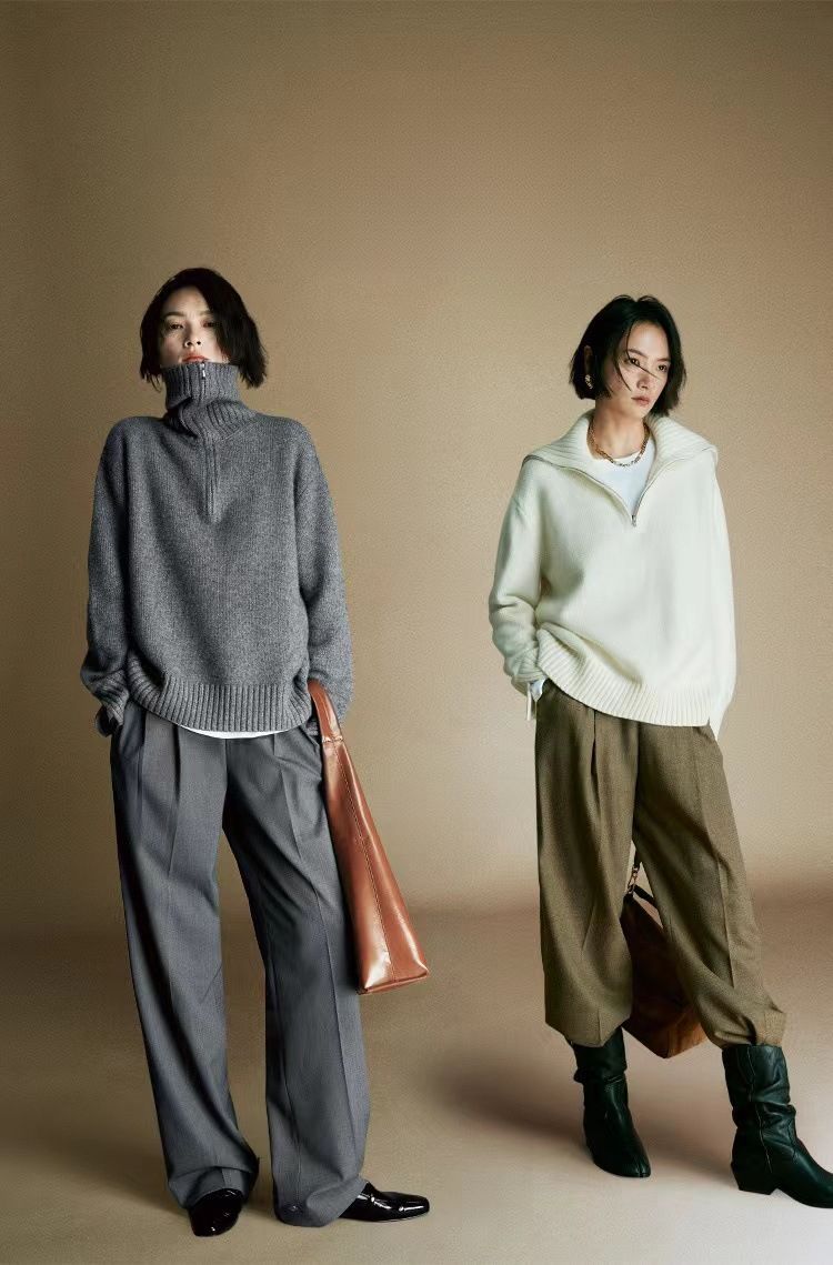 25 Autumn Winter Lazy Wool Women Half Zipper Turn-down Collar Sweater New Thickened Niche Knitted Top Loose Fit_voghion.com