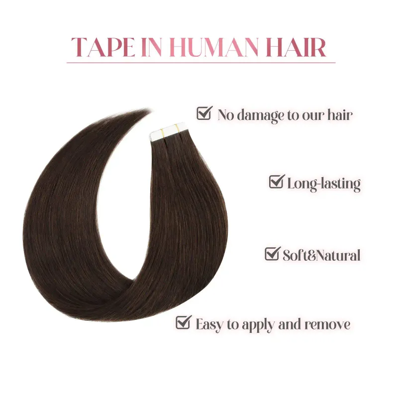 Dunkelbraunes Tape In Echthaar-Extensions, Echthaar, nahtlos, unsichtbar, Skin Weft, selbstklebendes Haar, 20 Stück_voghion.com