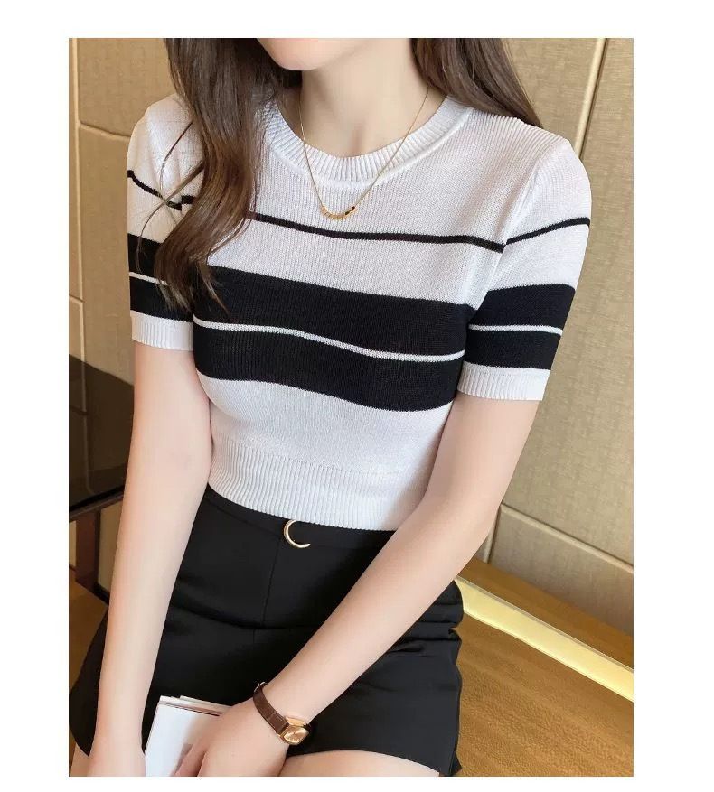 Tricou de vară nou cu dungi pentru femei, cu mânecă scurtă, design Sense Niche, ușor, matur, versatil, subțire, din mătase glacială, tricotat_voghion.com
