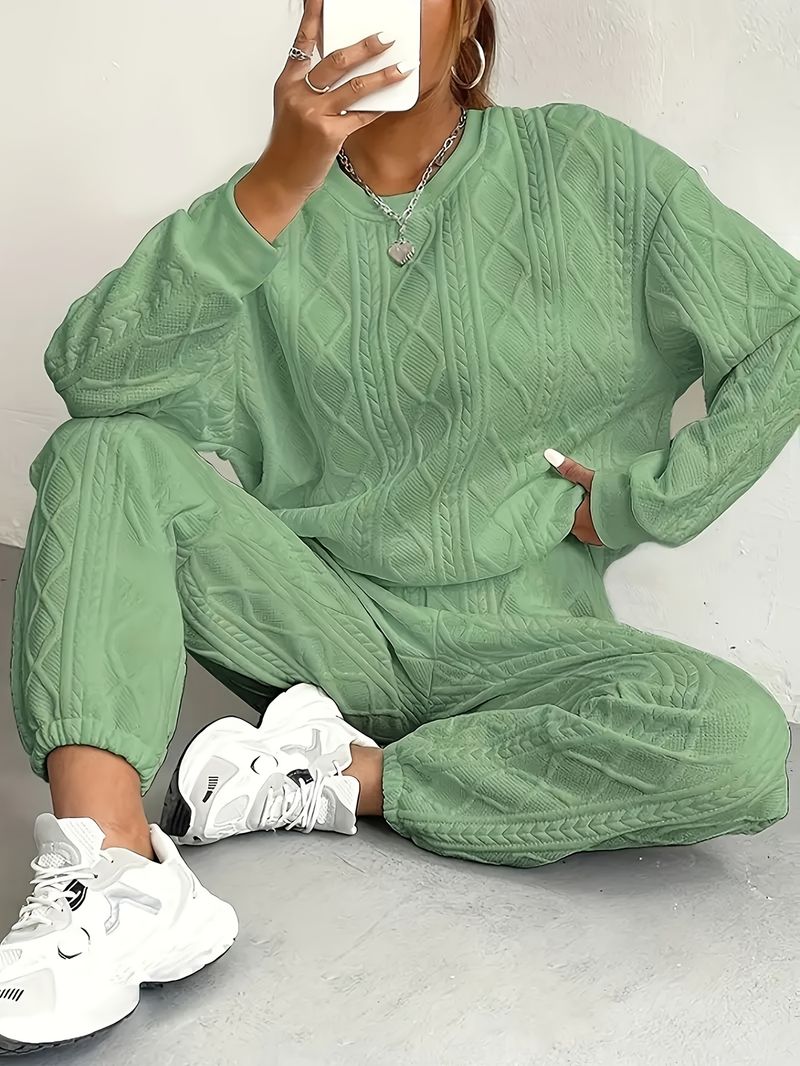 Strukturiert, um ein Gefühl entspannter Entspannung freizusetzen. Pullover-Sets, langärmlige Sportbekleidung mit Rundhalsausschnitt und Jogginghosen_voghion.com