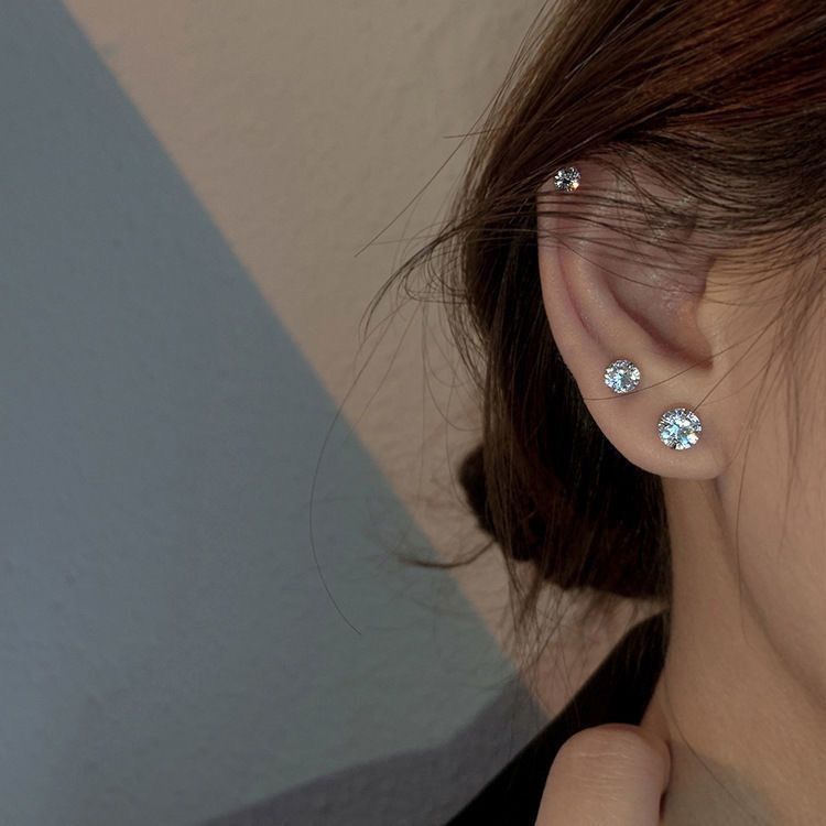 S925 silver zircon straight needle super flash high end ear care cochlear sleep without taking off the earrings ear bone nails_voghion.com