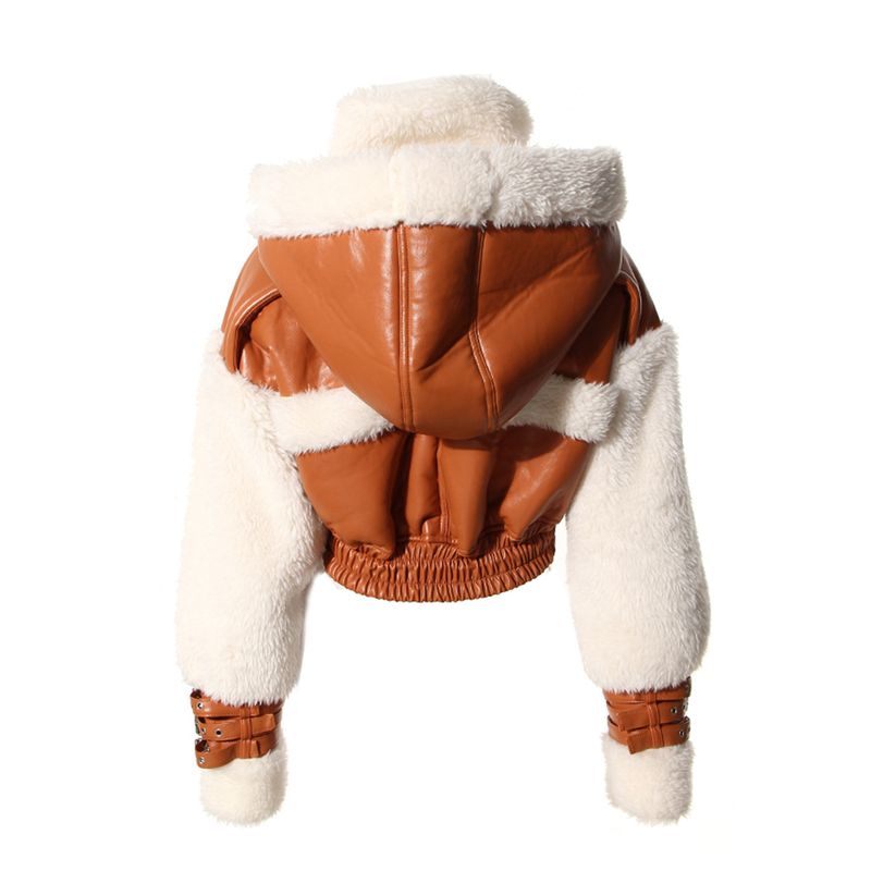 Fur one-piece lamb fur short coat women's winter American retro stitching contrast color hooded motorcycle jacket top_voghion.com