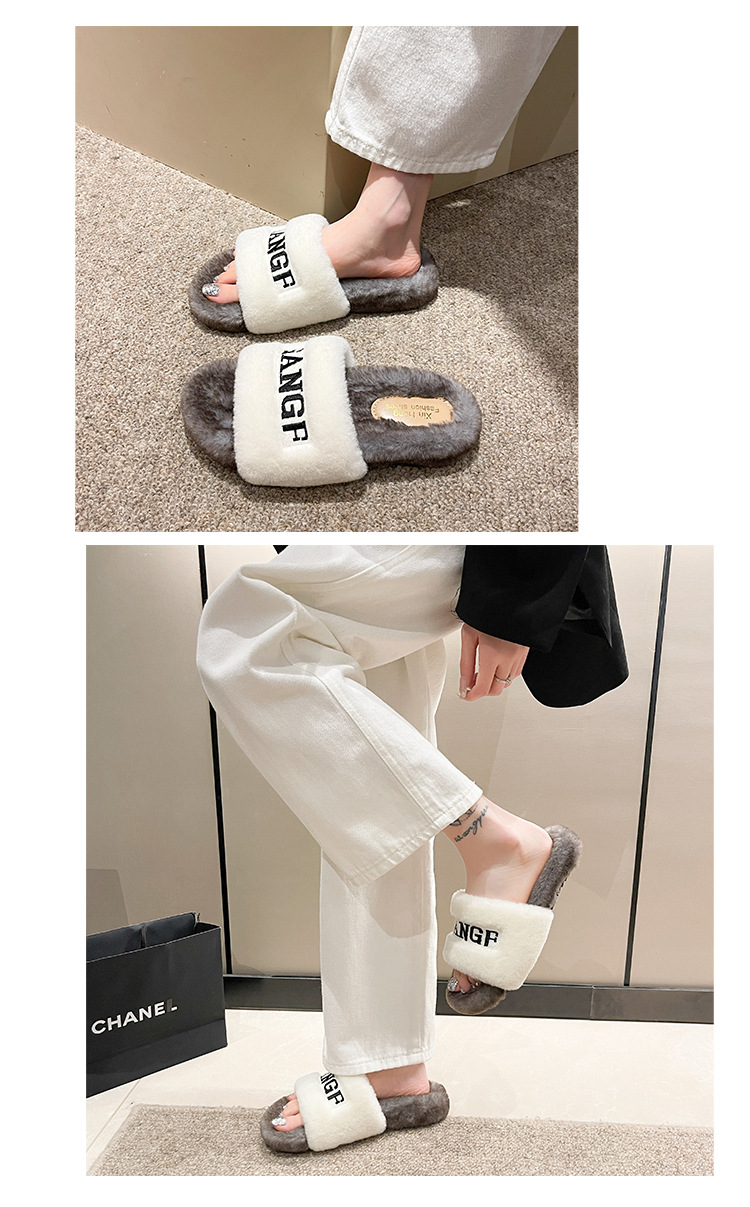Retro-Abend sanfter Herbst und Winter tragen weiße Pelzschuhe Französische Damenschuhe dickbesohlte Fellpantoffeln weichbesohlte Plüsch-Drag_voghion.com