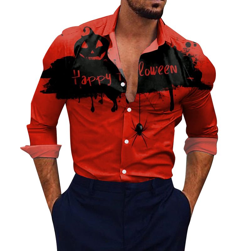 Chemise ample de plage imprimée en 3D à manches longues pour hommes, taille américaine, tête de citrouille chauve-souris Halloween_voghion.com