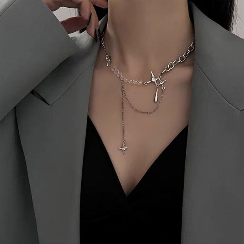 1 pieza de collar plateado para mujer, estilo punk ligero de lujo, colgante de borla tipo lágrima con cuentas de mano, cadena redonda en forma de o_voghion.com