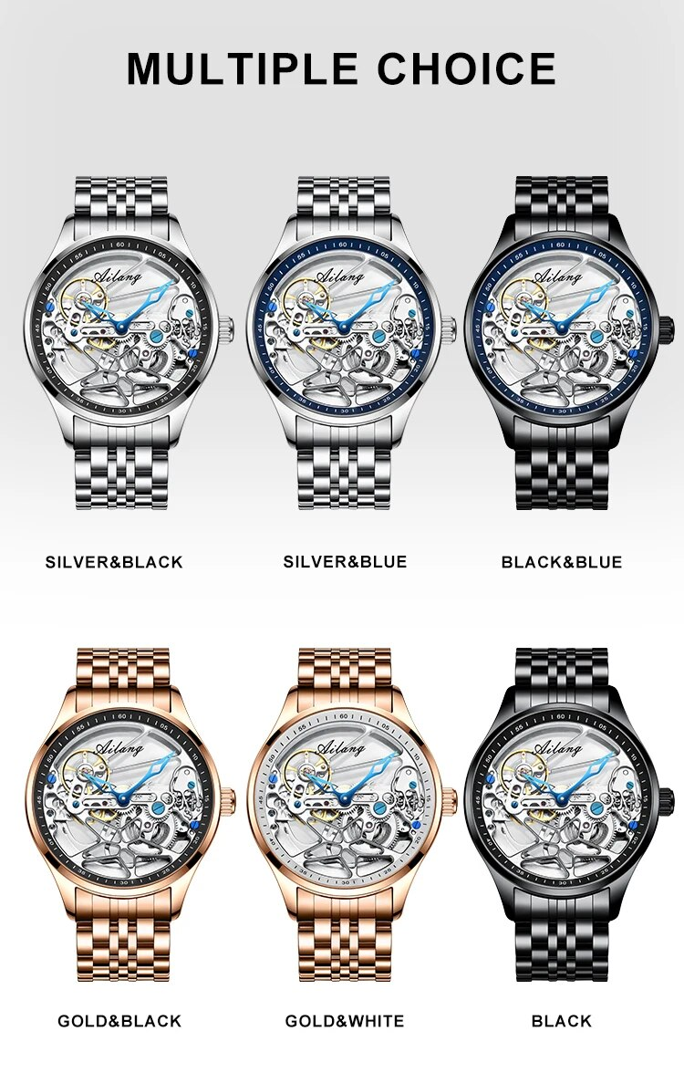 AILANG Fashion Skeleton Mechanical Watch Top Brand Luxury Men's Steampunk Transparent Hollow Automatic Watch Relogio Masculino_voghion.com