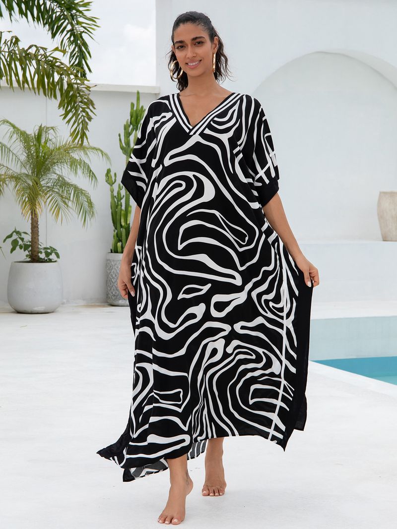 Kadın Baskılı Rayon Plaj Elbisesi - UPF Korumalı Uçuşan Boho Kimono Bornoz (Tek Beden, Hafif ve Nefes Alabilir)_voghion.com