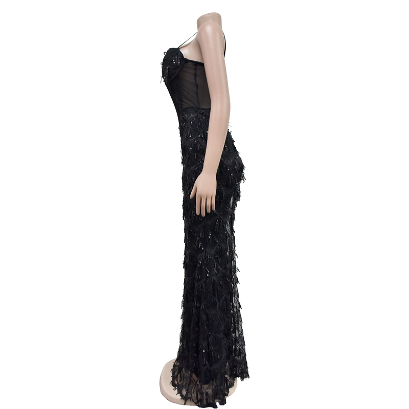 Women's Solid Color Sequin Sexy Suspender Long Skirt Dress_voghion.com