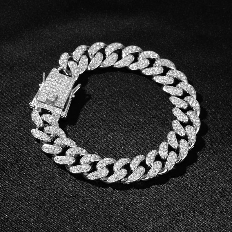 Bracciale a catena cubana con maglie cubane a griffe, stile hip hop, da uomo e da donna, con 2 file di strass, da 13 mm, ghiacciato, con pavé di Miami e rombi._voghion.com