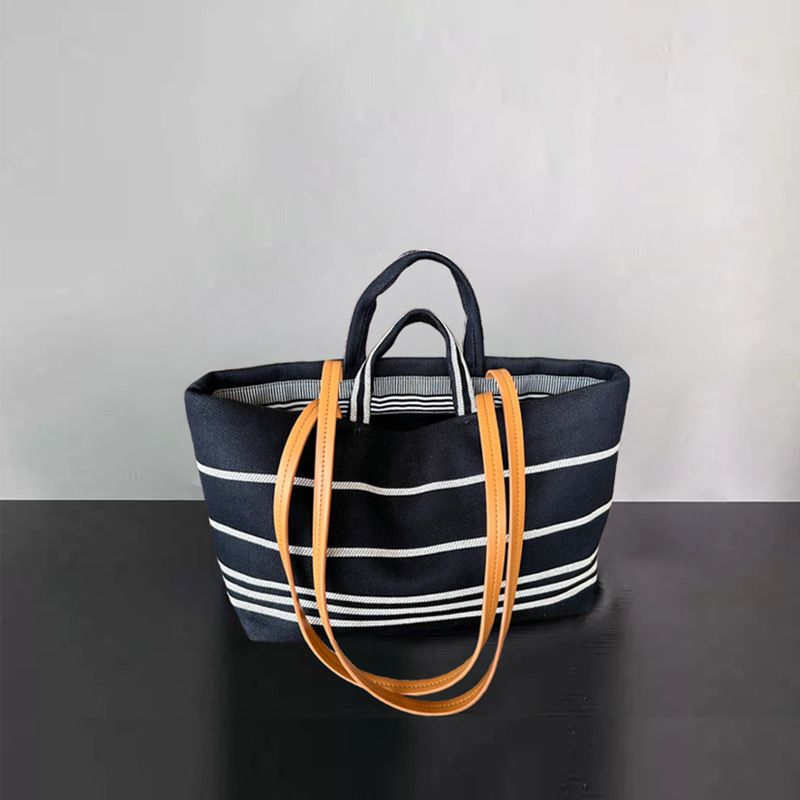Denim Tote For Women, Large Capacity, Color-Block Striped, Casual Vacation Beach Handheld Canvas Bag, Shoulder Bag_voghion.com