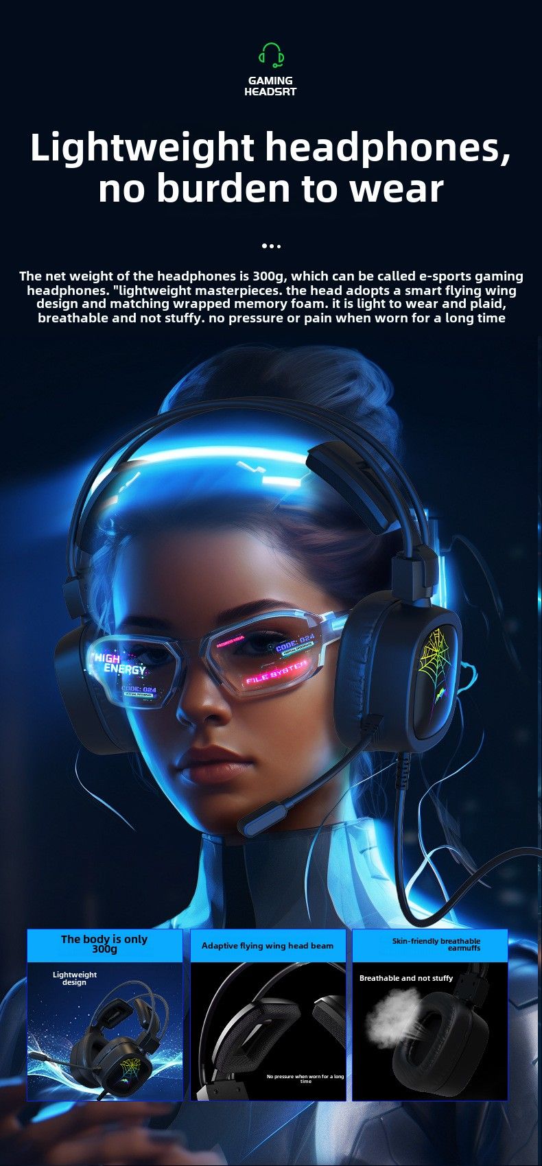 Cuffie da gioco e-sport Flying Ear: 7.1 canali; abbagliamento RGB; microfono con riduzione del rumore; porta USB_voghion.com