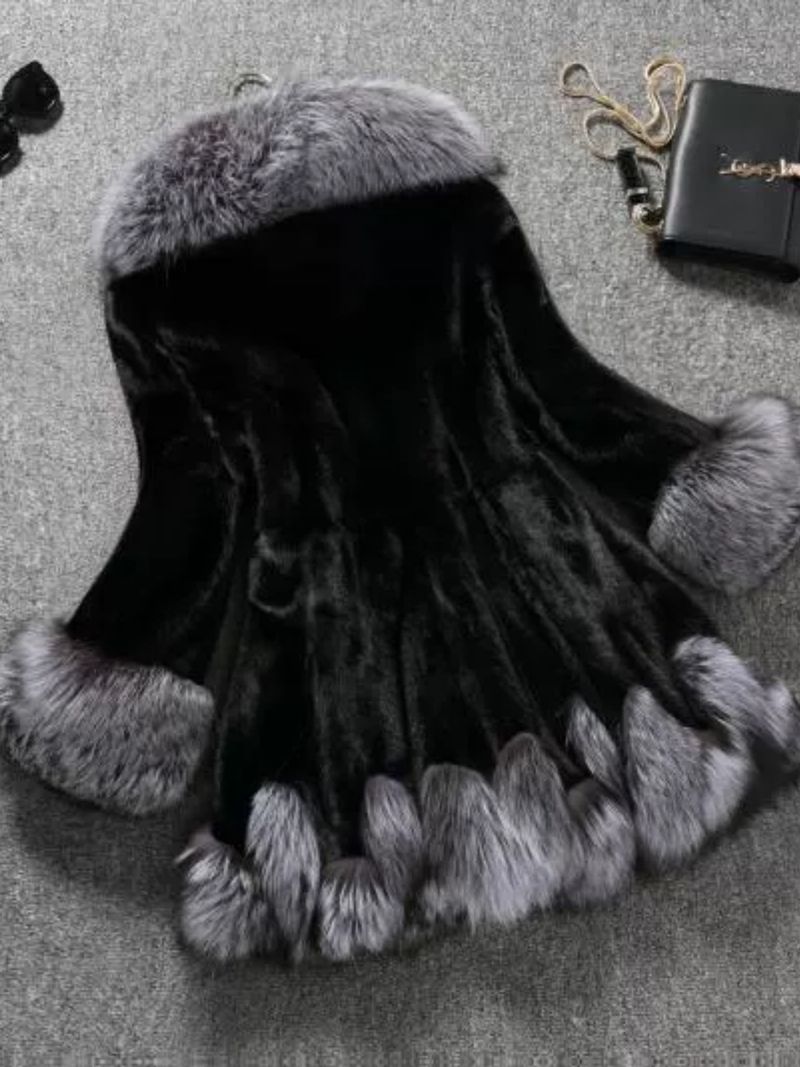 Elegante da donna - Giacca con cappuccio di media lunghezza con collo in peluche e bordo in pelliccia su tutta la lunghezza, capospalla invernale morbido e caldo,_voghion.com