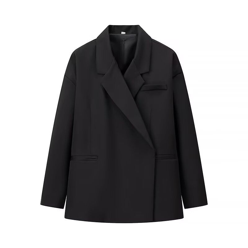 Giacca blazer oversize da donna - Classico cappotto a maniche lunghe con revers a lancia e tasche, in poliestere, casual, da lavoro o da ufficio (nero/grigio/kaki, S/M/L)_voghion.com