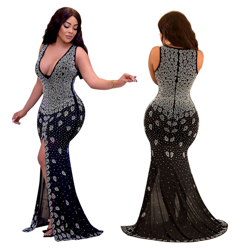 Abbigliamento da donna vestito sexy con diamanti caldi con scollo a V a rete attillata per feste in discoteca_voghion.com