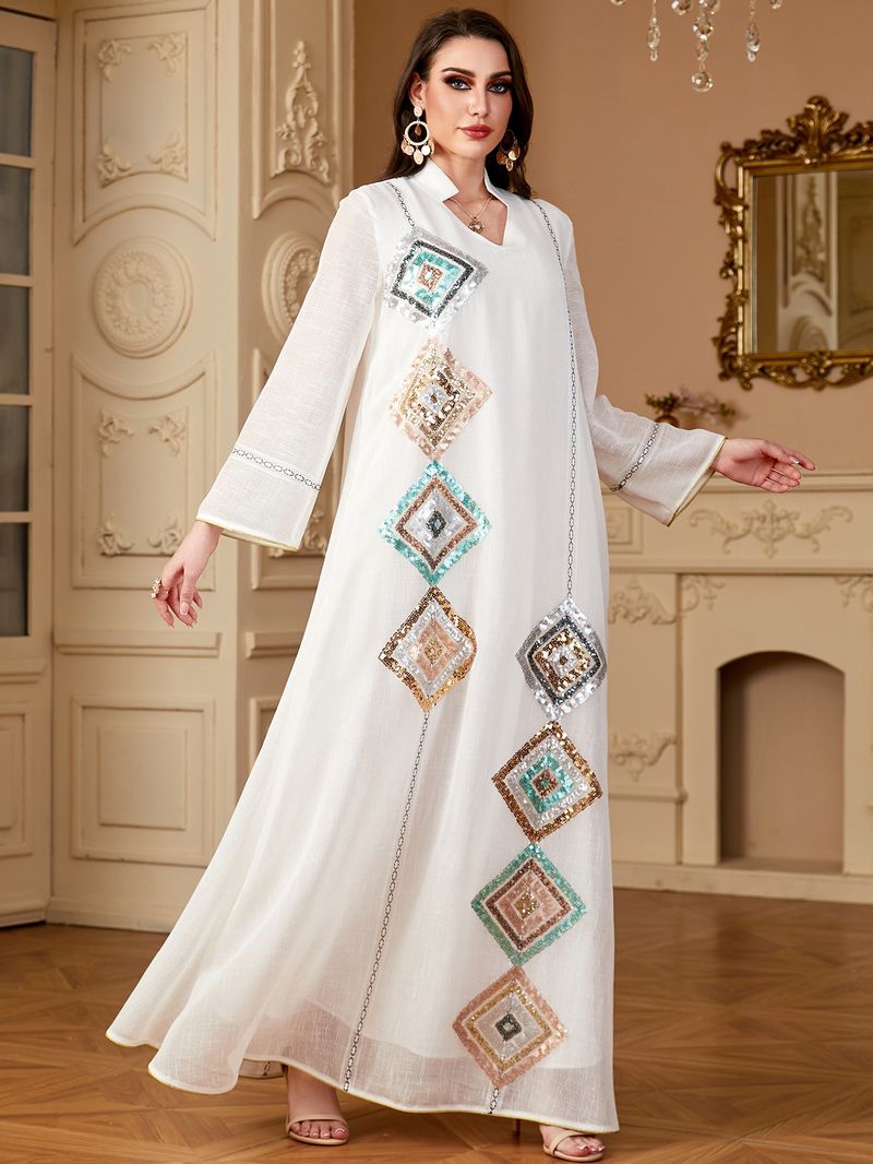 Women's Clothing Muslim Middle East Sleeved Abaya Sequined Long Skirt Saudi Arabia Dubai Dress_voghion.com