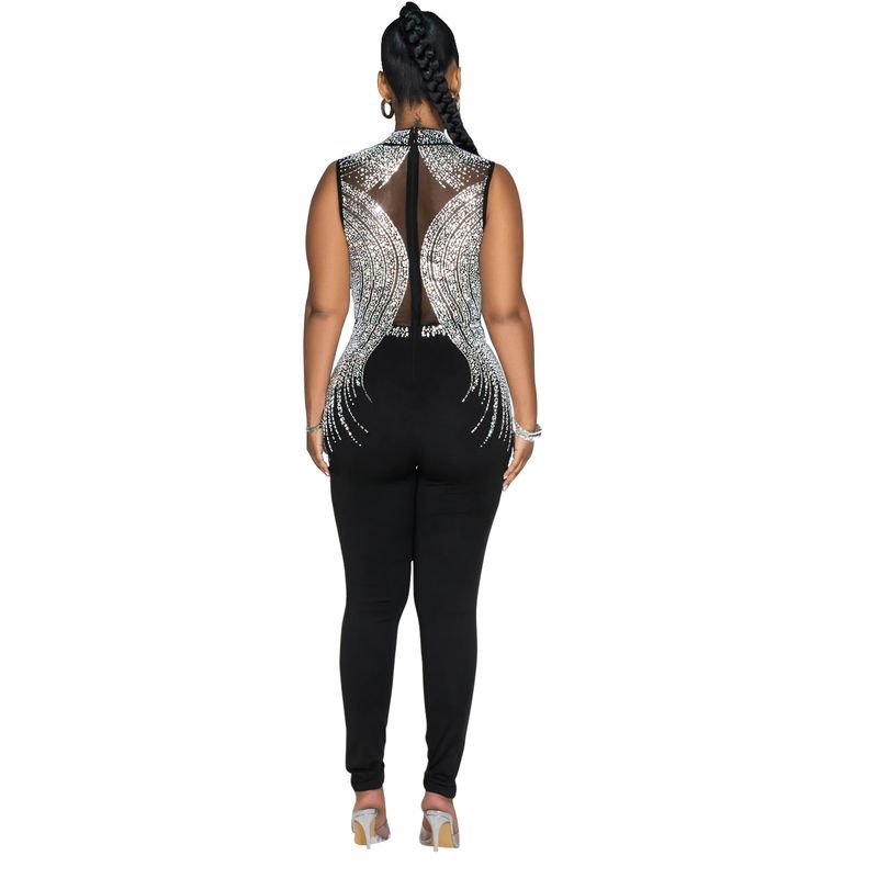 Vêtements pour femmes mode femmes couleur unie maille presse perceuse sans manches pantalon combinaison_voghion.com