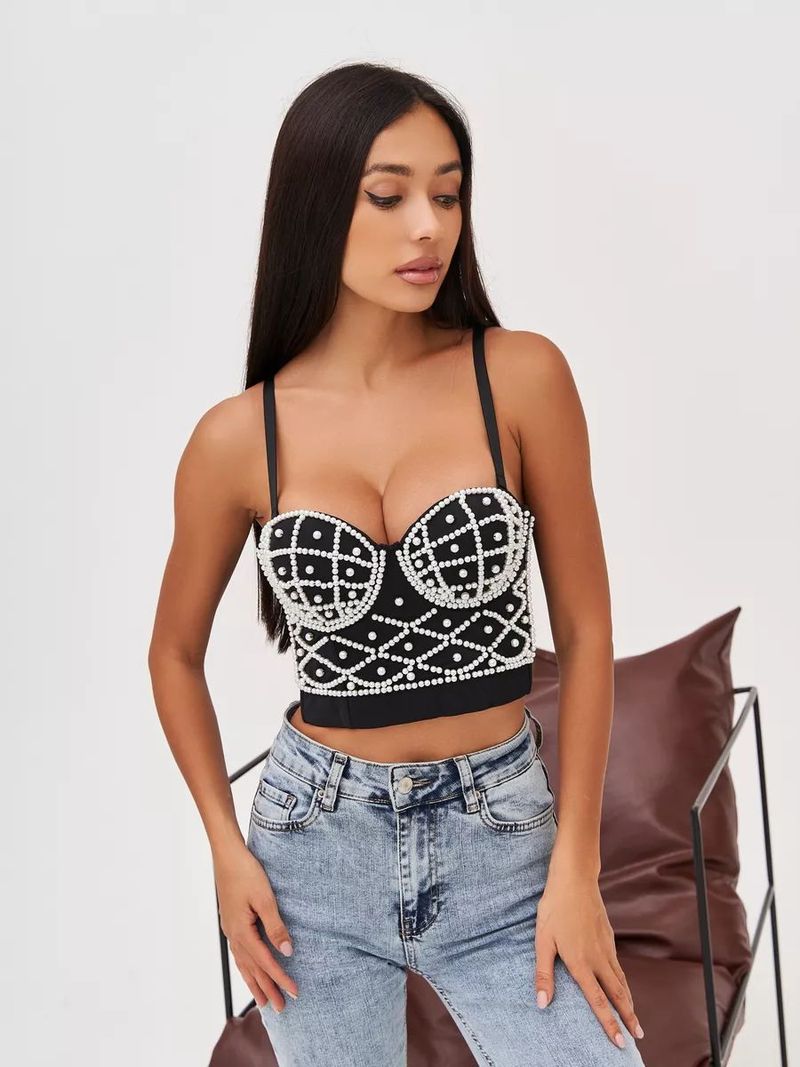 Corsetto sexy con spalline di perle - Bustino regolabile con lacci per donna, moda estiva elegante e chic_voghion.com