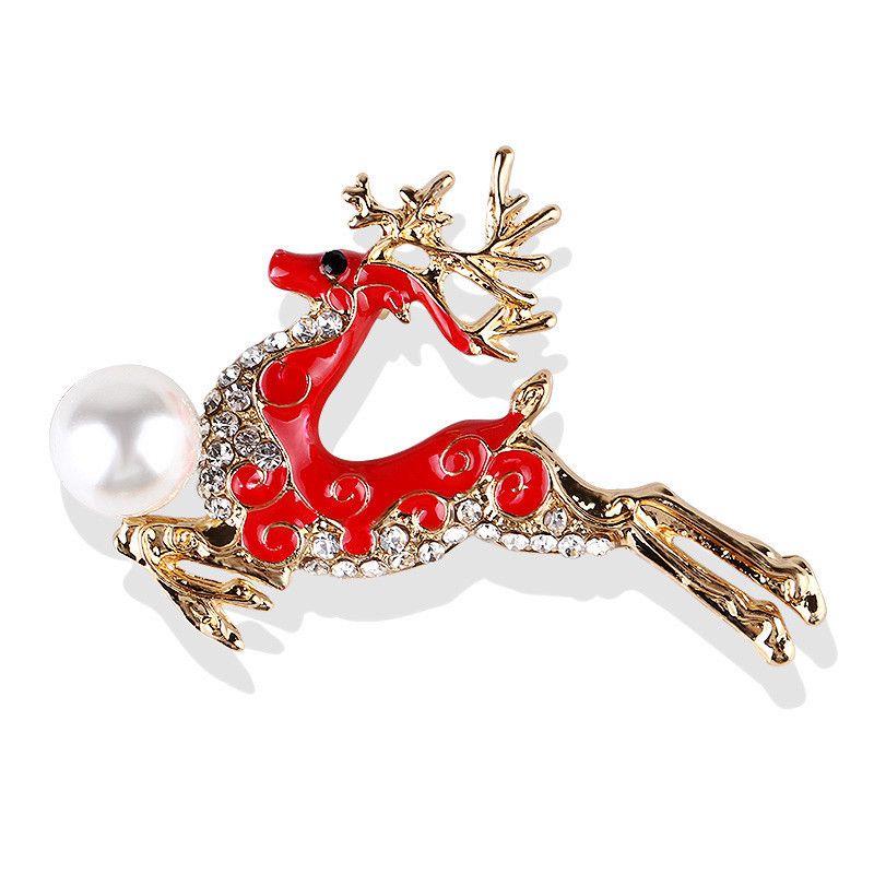 Korean version of the new Christmas oil drop alloy enamel rhinestone sika deer pearl brooch pin brooch female_voghion.com