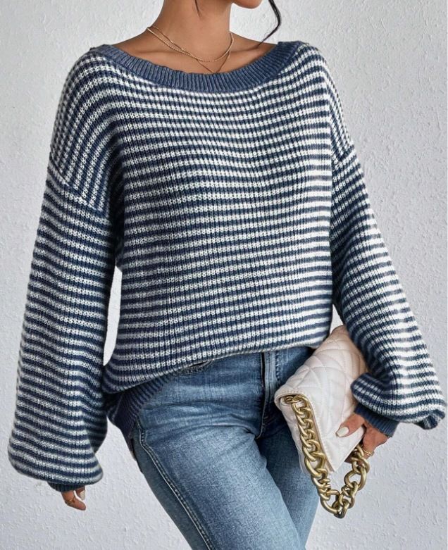 Maglione da donna in maglia con spalle scoperte, righe a blocchi di colore e maniche a lanterna – Vestibilità comoda e ampia per autunno e inverno_voghion.com