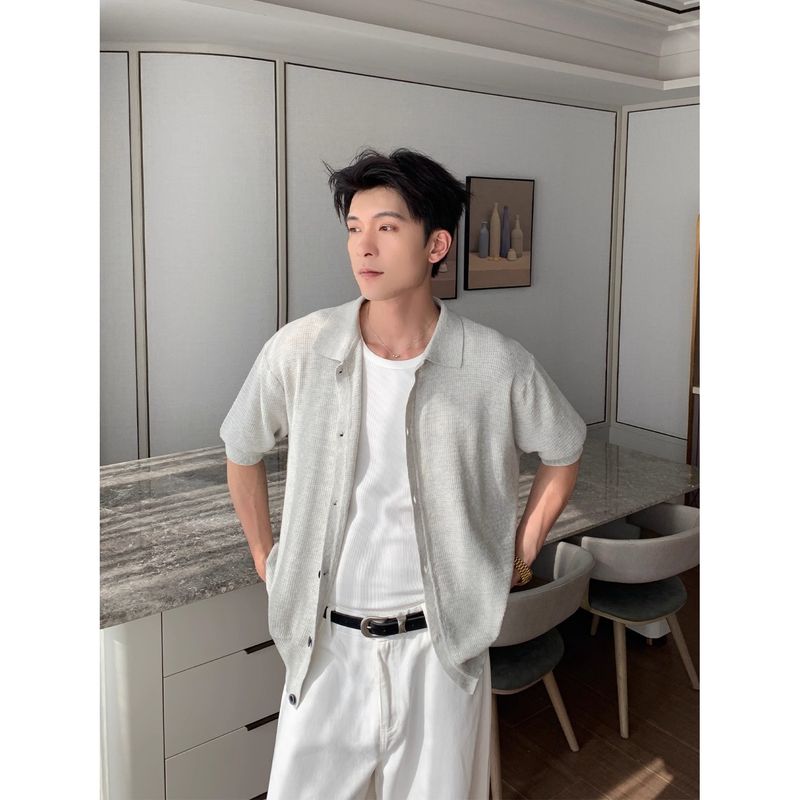 Souh Korea Dongdaemun Men's Fashionable Casual High-Qualiy Turn-Down Collar Knied Cardigan Shir Shor Sleeve_voghion.com