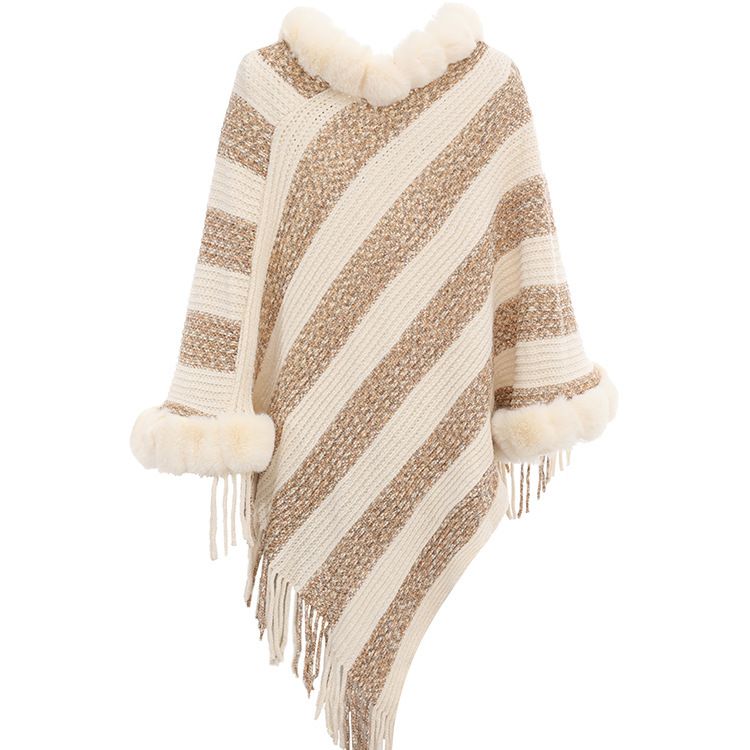 Women's Shawls Imitation Rex Rabbit Fur Collar Knitted Pullover Cape Women's Chenille Warm Striped Shawl Sweater_voghion.com