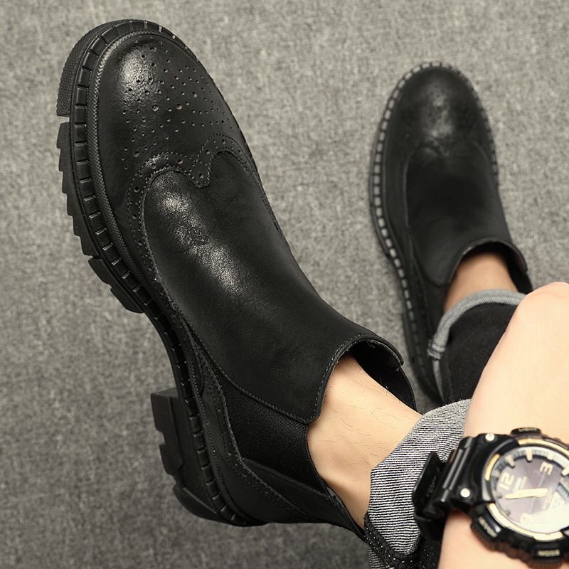 thick-soled Martin Boots Heightening Leather Boots Men's Shoes Velvet Leather Casual Medium And High-top Cigarette Tube Chelsea Leather Boots_voghion.com