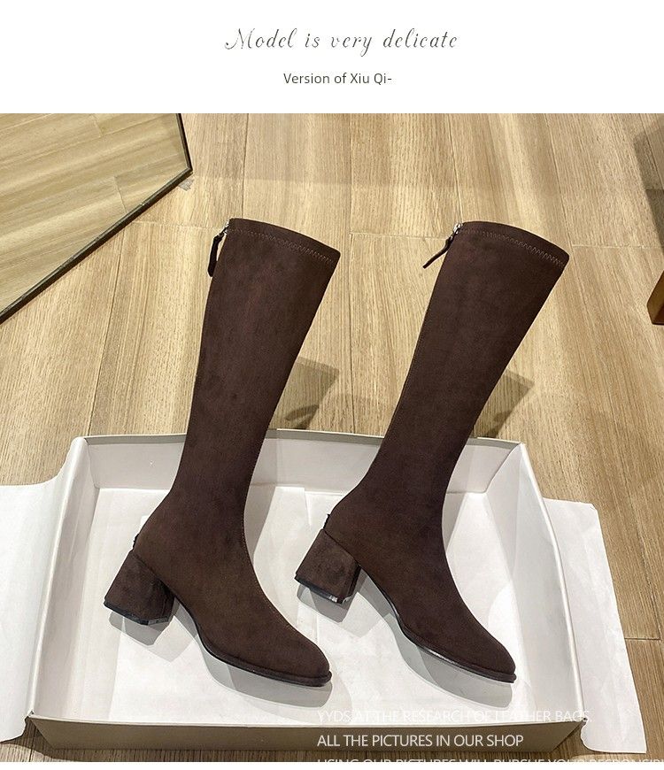 below The Knee Suede High Heel Square Head Shorty Long Boots_voghion.com