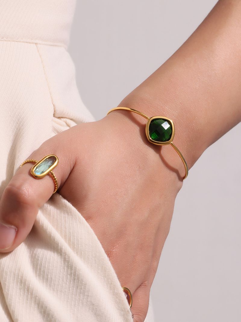 Bracciale regolabile con pietra di vetro ceco tagliata quadrata e bracciale temperato in acciaio inossidabile_voghion.com