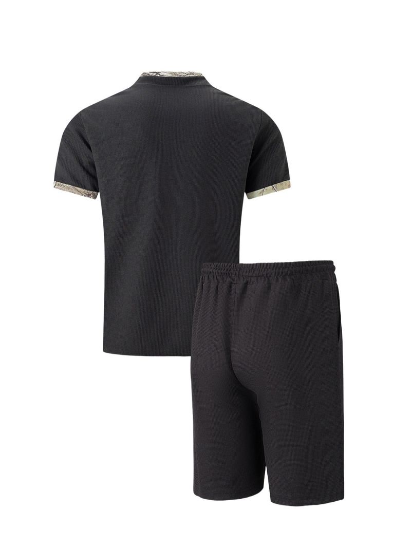 Roupas masculinas com gola alta e waffle, shorts de manga curta combinando com a cor, terno casual_voghion.com
