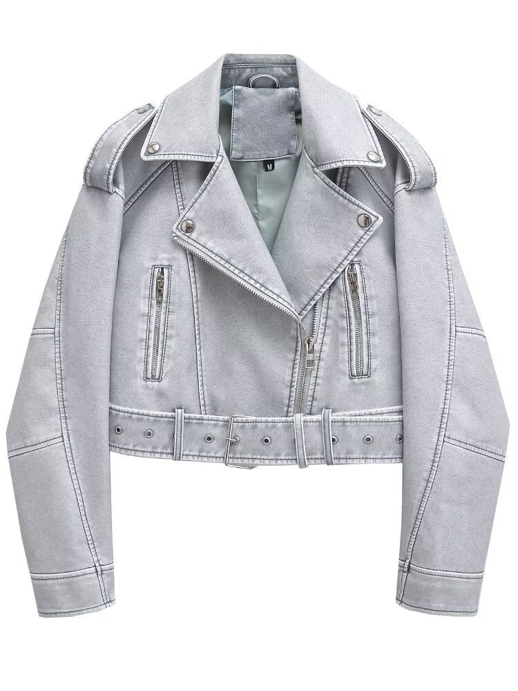 Giacca in similpelle vintage da donna – Cappotto oversize in PU con effetto slavato, stile biker streetwear con cerniera (grigio/verde militare/nero, S-L)_voghion.com