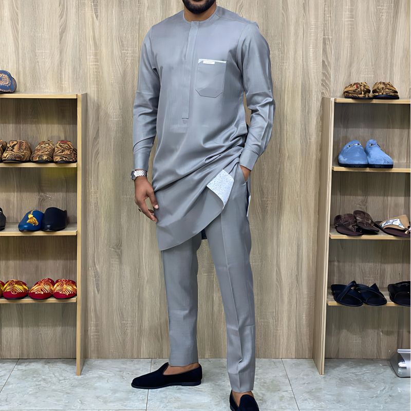 Men's Clothing New Style Affordable Men's Suit Men's Two Piece Suit Solid Color Round Neck African Ethnic Style_voghion.com