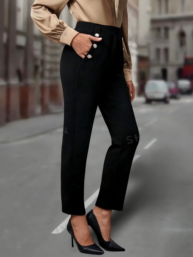 "Tailored Stretch Trousers With Button Accents – Slim-Fit Work Pants With Slant Pockets (Black/Navy/Khaki, S-XXL, Euro-US Office Chic)"_voghion.com