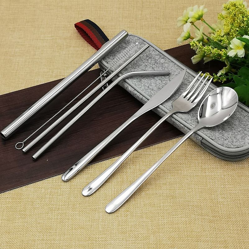 Stainless Steel Knife, Fork, Spoon, Chopsticks Set Outdoor Picnic Portable Tableware Spoon, Chopstick Straw Storage Bag_voghion.com