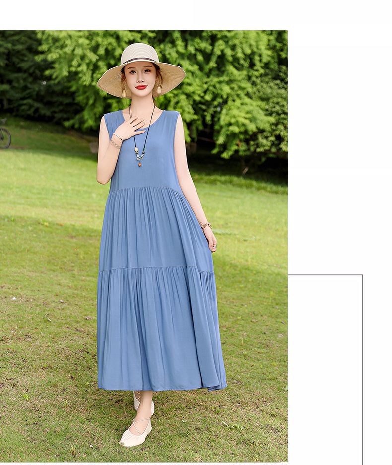 Französischer Stil High-End für Frauen Sommer 2025 Neue lose Plus Size Extra lange Baumwolle Blumenweste Kleid Falten Outfit_voghion.com