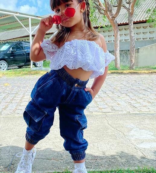 Mother&Kids Kinderbekleidung Mädchen-Mesh-Top mit Füßen und Jeanshose, zweiteilige Kinderbekleidung_voghion.com
