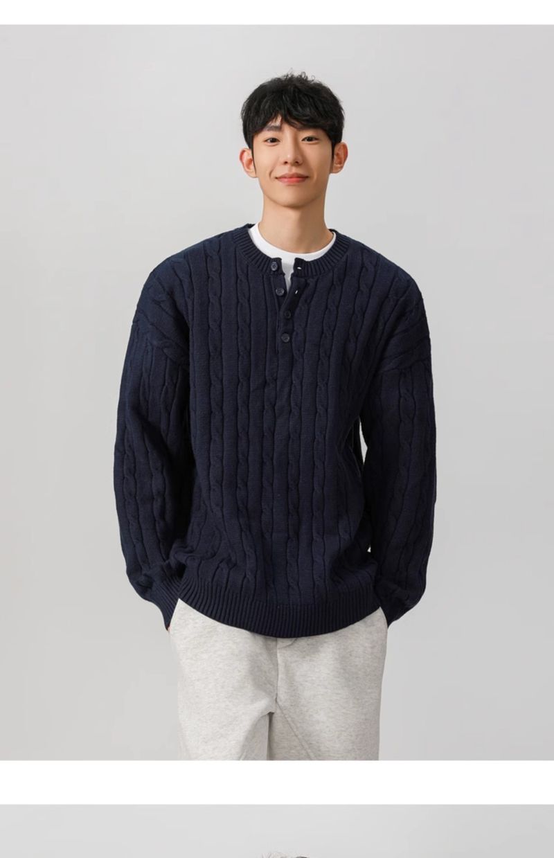 Oversize-Henley-Strickpullover für Herren – Strukturierter Zopfmusterpullover für Business Casual & Streetwear (EU-Größen S-2XL) | Atmungsaktives Polyester in Grau/Marineblau_voghion.com