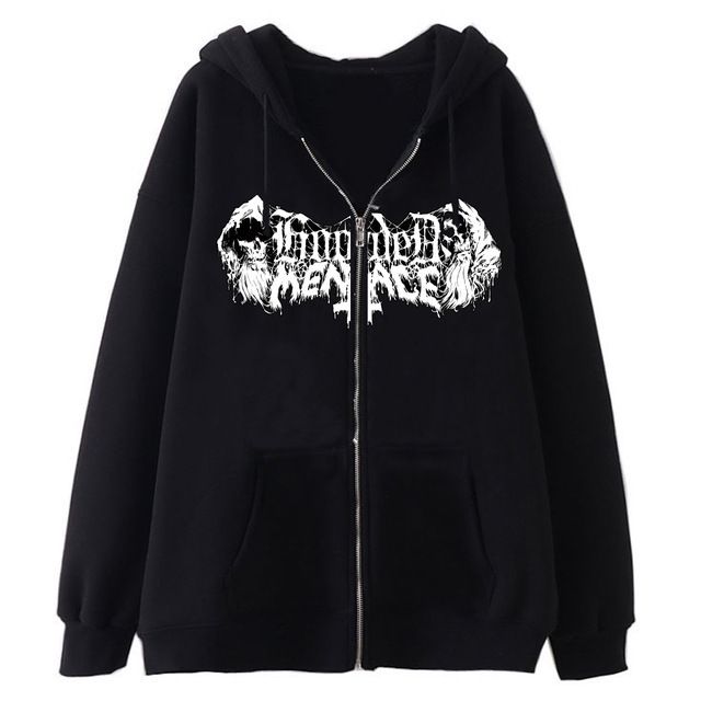 Felpa con cappuccio unisex con scheletro e teschio scuro, stile gotico, per coppie, stile Harajuku, con cerniera in metallo oversize_voghion.com