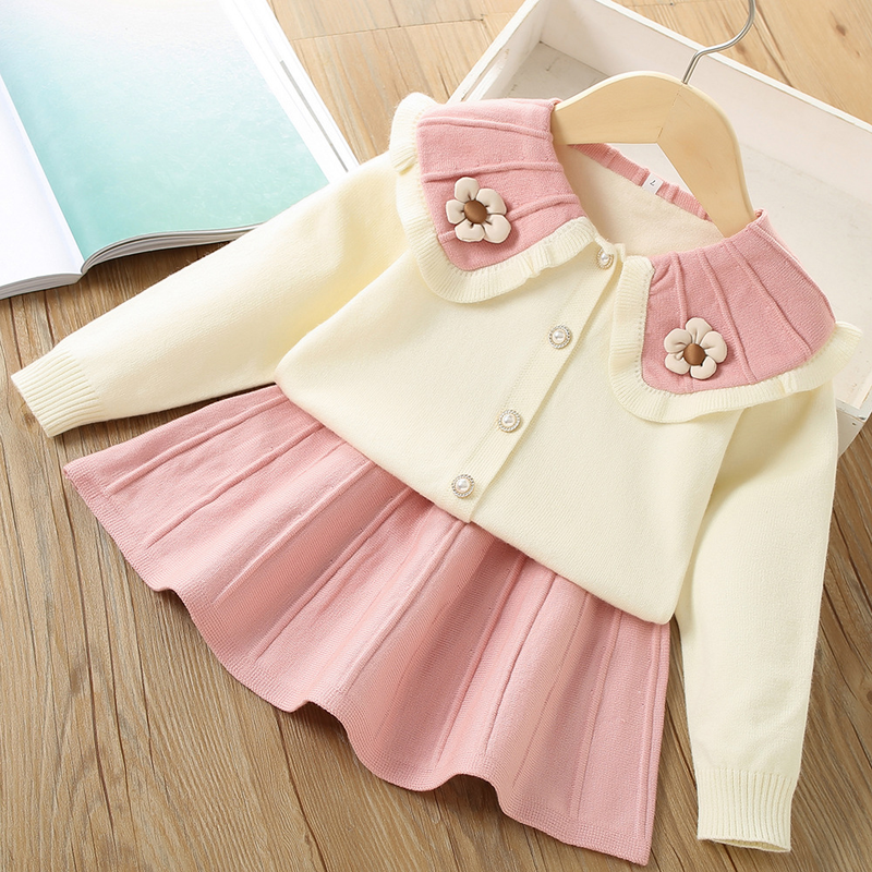 Kinder Pullover 2022 Herbst/Winter Neue Süße und Westlichen Stil Große Kragen 3D Blume Zwei Stück Set_voghion.com
