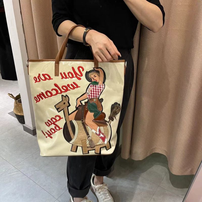 Bolsos de mujer, bolso de mano de lona de gran capacidad con bordado de dibujos animados, bolso bandolera versátil_voghion.com