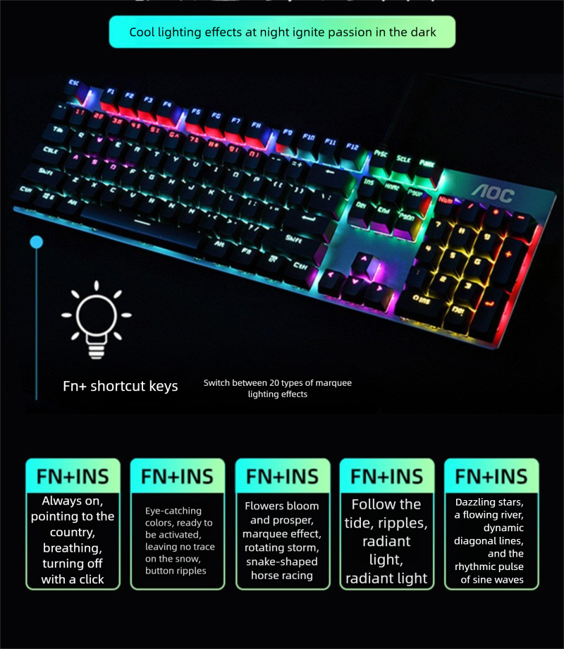 AOC GK410 Blue Switch True Mechanical Keyboard Multi-Mode Lighting Gaming Business USB Wired_voghion.com
