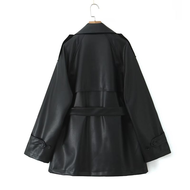 Herfst Nieuwe Dames Effen Kleur Dubbelrijs Met Taille Riem, Middellange Leren Windjack_voghion.com
