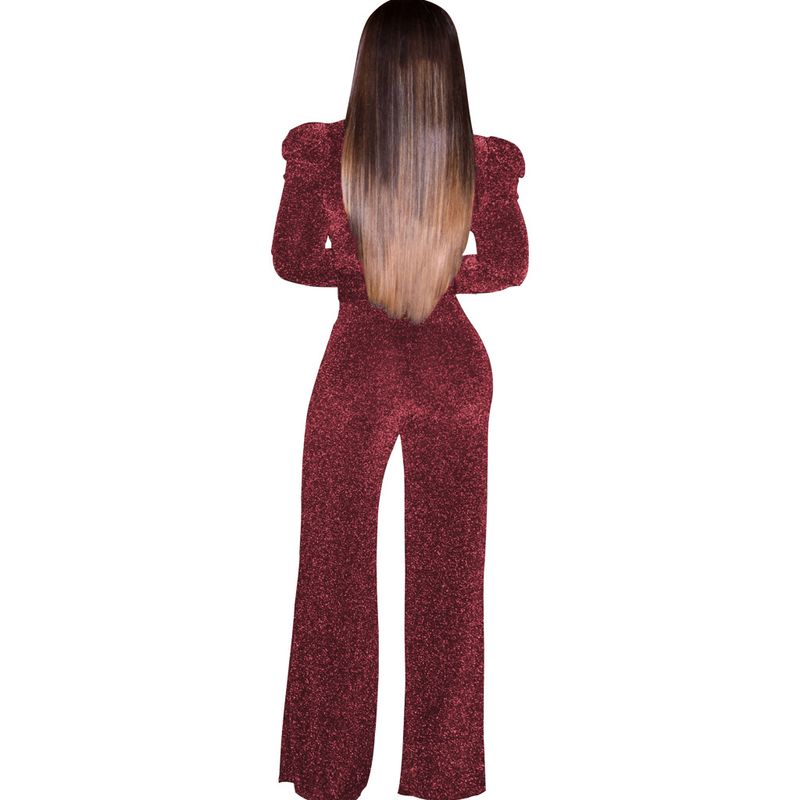 Mono elástico con cuello en V y purpurina para mujer: mono sexy y elegante de pierna ancha con hilos metálicos, cómodo tejido de mezcla de poliéster y algodón._voghion.com