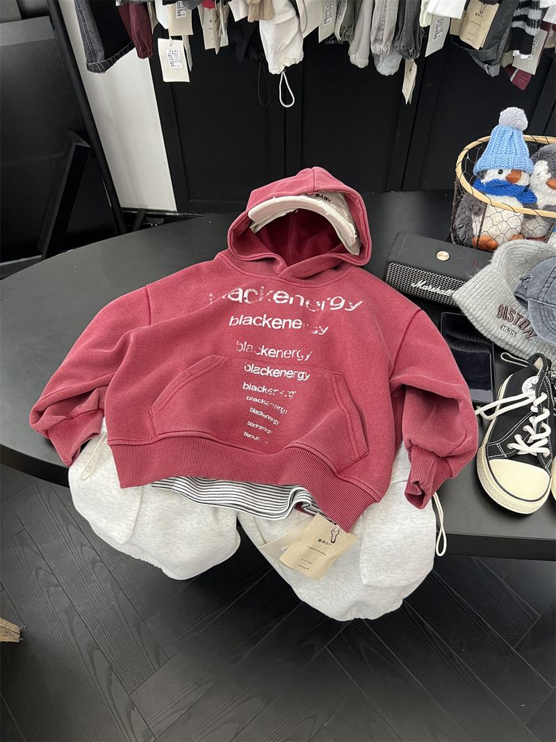 Boys And Girls American Vintage Letter Hooded Sweatshirt, Children's Trendy Cool Autumn Style Sand Washed White Pullover_voghion.com