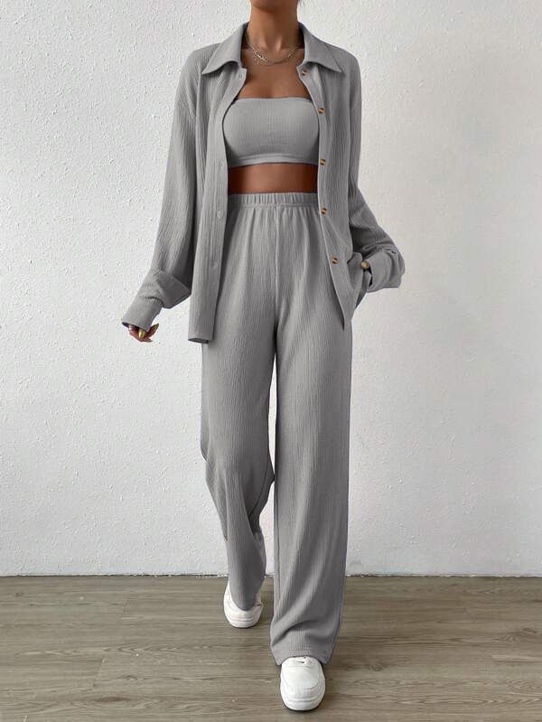 Ensemble 2 pièces pour femme, cardigan à revers et pantalon ample, couleur unie, décontracté et tendance, collection automne-hiver_voghion.com