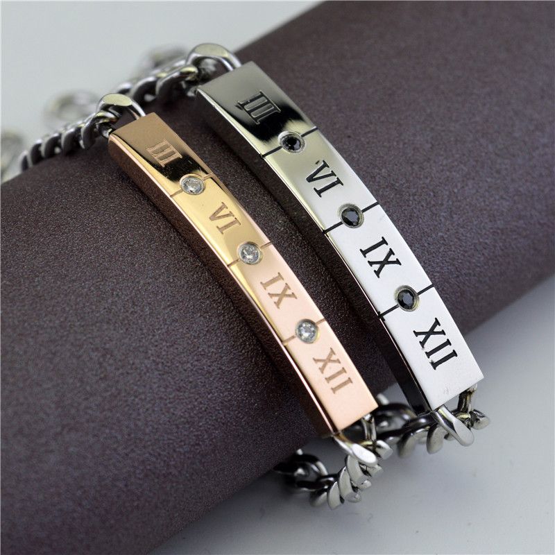 Braccialetti di coppia con numeri romani, da uomo e da donna, in acciaio al titanio, con diamanti intarsiati, gioielli da mano B015_voghion.com