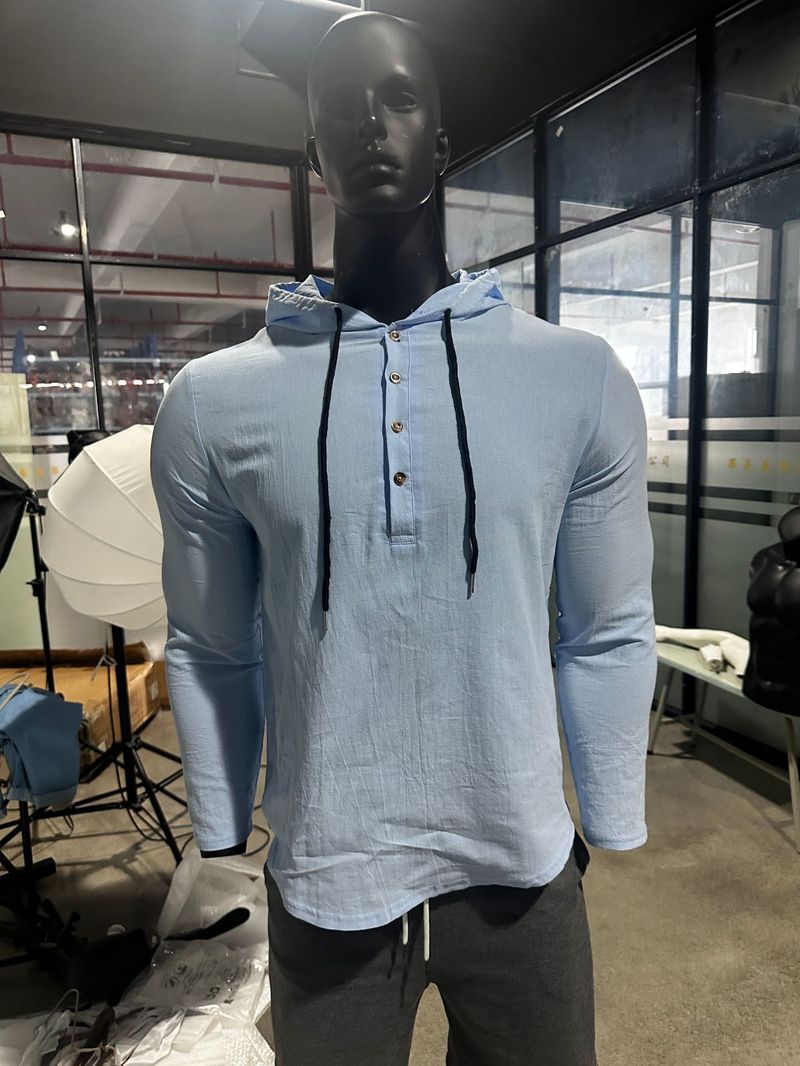 Lente en herfst lang mouwen linnen overhemd heren capuchon casual losse T-shirt trui heren_voghion.com