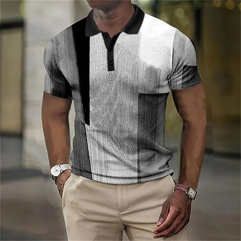 Neues Pullover-Poloshirt mit Knöpfen, karierten Ärmeln, modisches Pendler-Kurzarmshirt für Herren_voghion.com