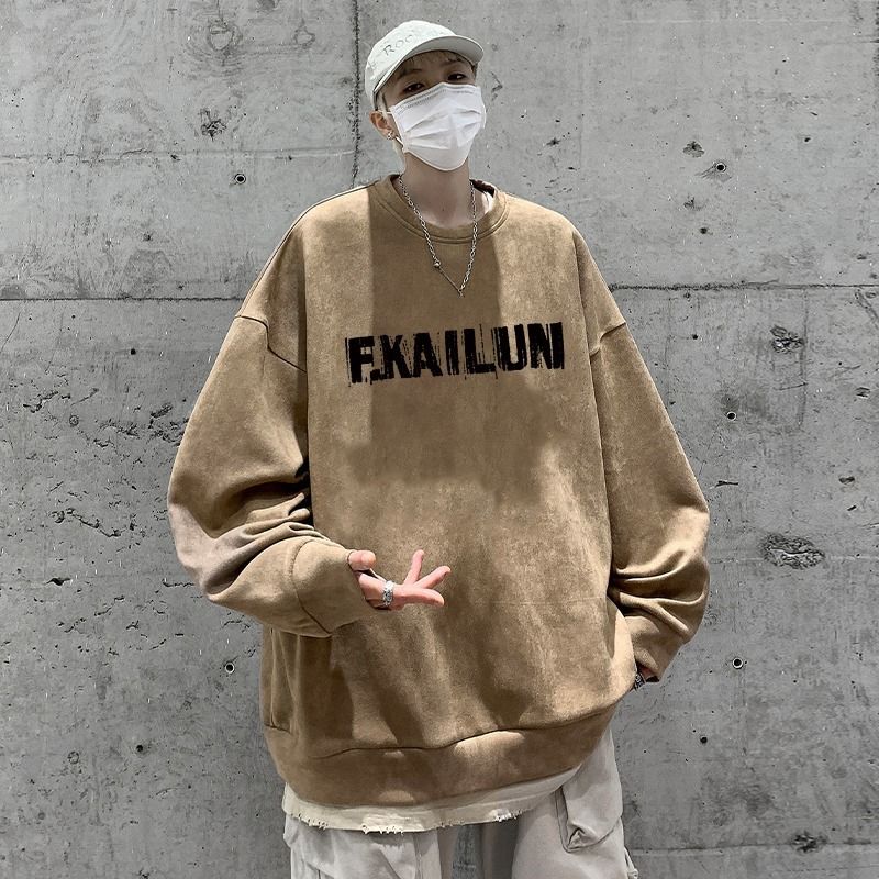 Felpa con cappuccio da uomo e autunno alla moda casual di marca Ins americano girocollo pelle di cervo velluto primavera sciolto manica lunga t-shirt_voghion.com